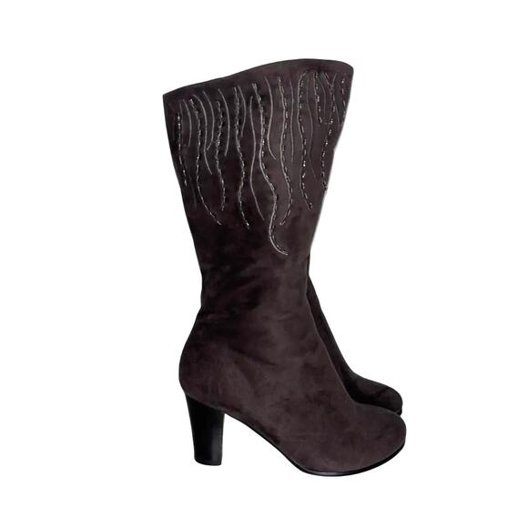 Midnight Velvet Brown Suede Beaded Heeled Boots 9W - Picture 1 of 7